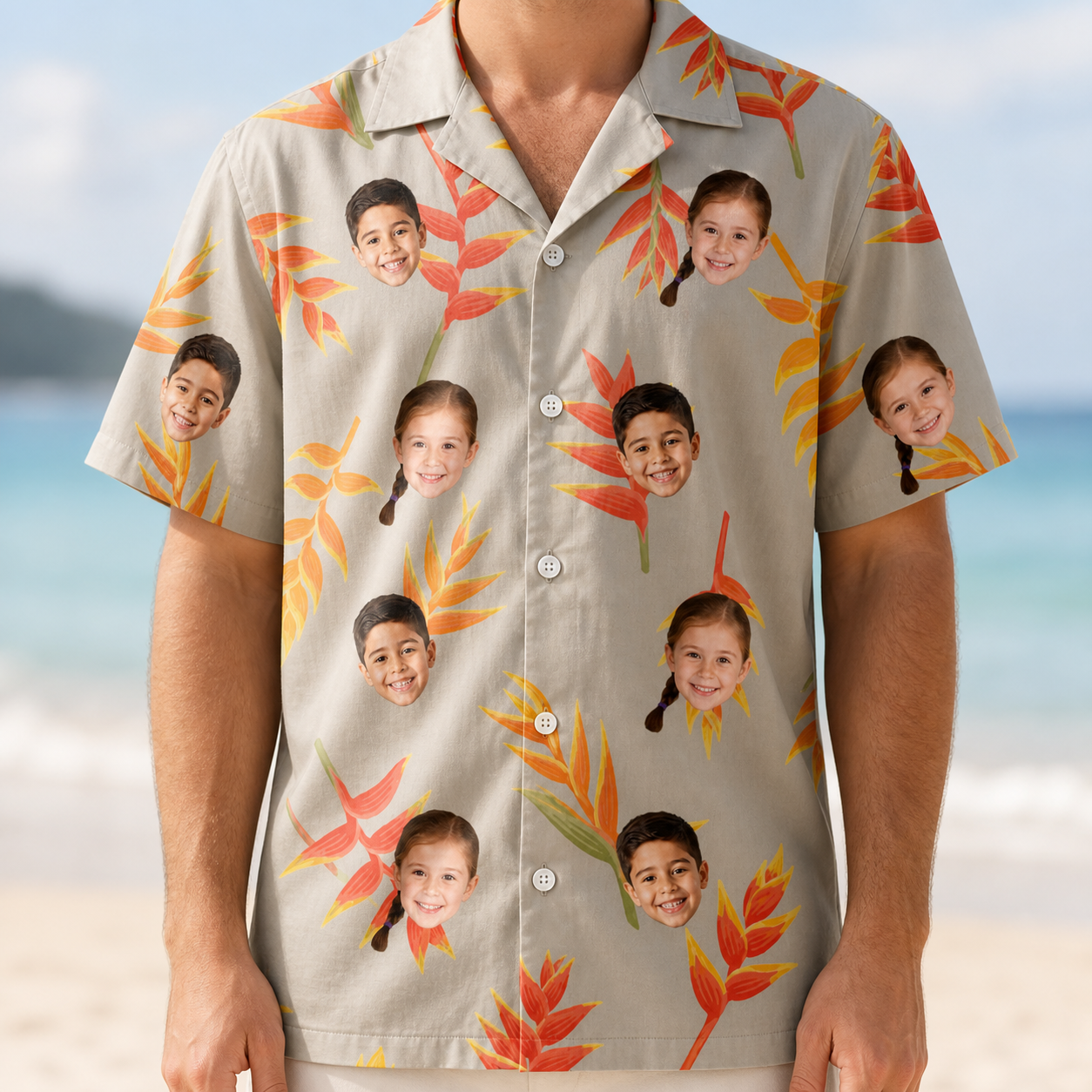 Model wearing Men's Bract Attack Custom Face Hawaiian Shirt printed with kids' faces