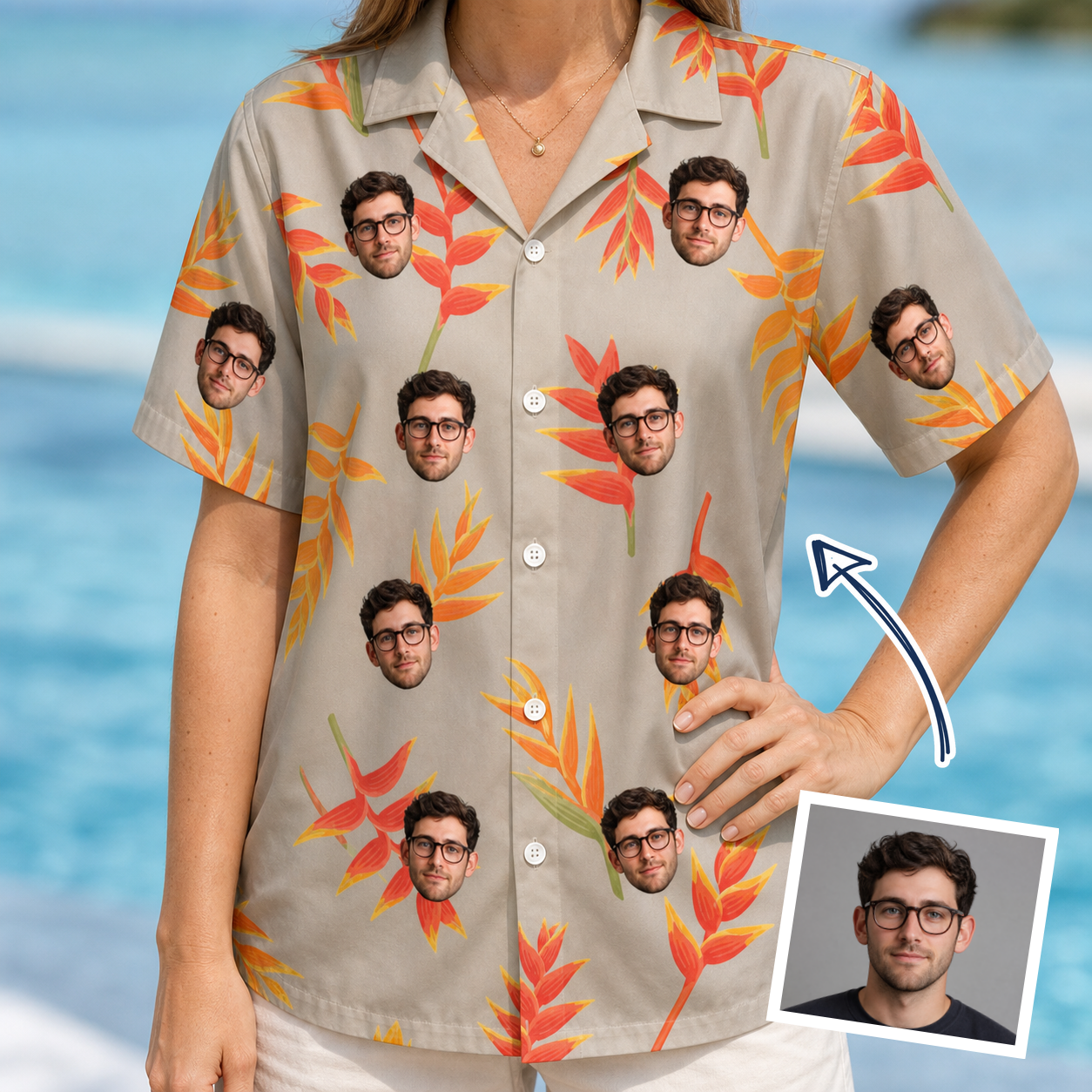 Woman wearing Women's Bract Attack Custom Face Hawaiian Shirt — custom faces printed all-over