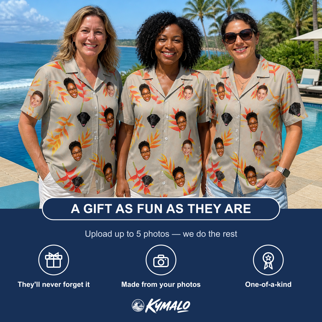 Friends in matching Women's Bract Attack Custom Face Hawaiian Shirt — a group gift photo
