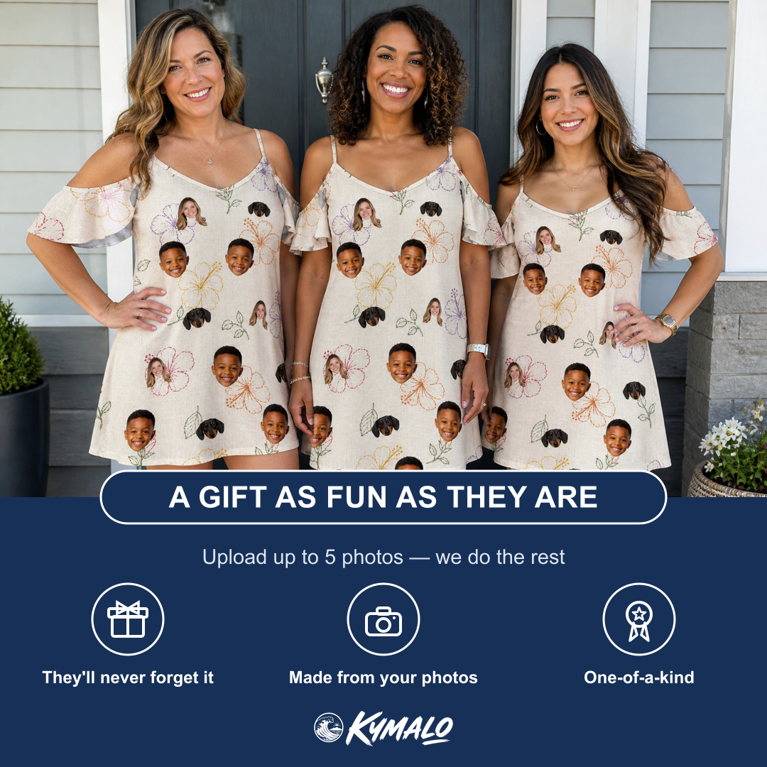 Friends in matching Women's Crimson Calyx Custom Face Off-Shoulder Dress — a group gift photo
