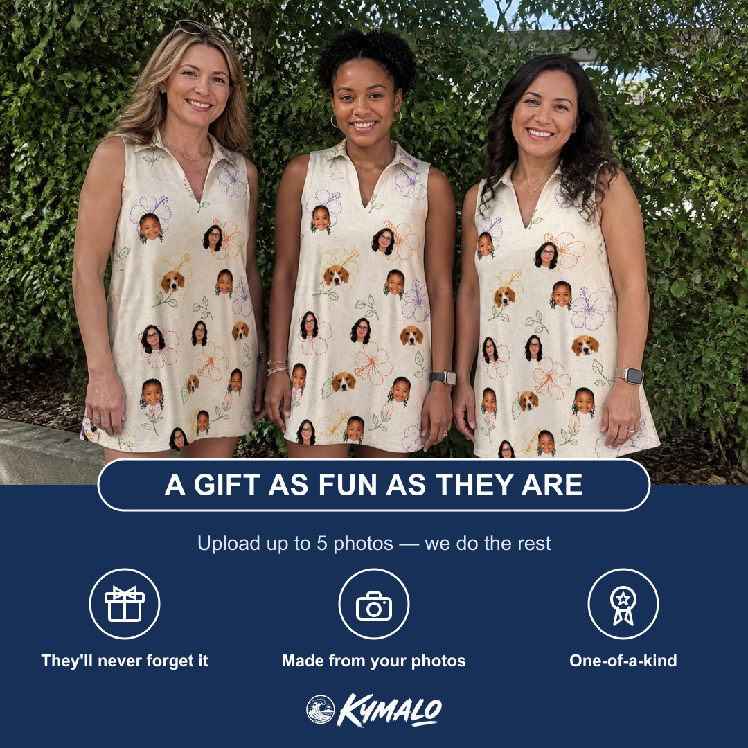 Friends in matching Women's Crimson Calyx Custom Face V-Neck Dress — a group gift photo