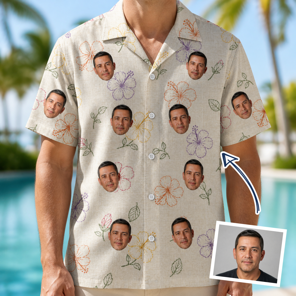 Man wearing Men's Crimson Calyx Custom Face Hawaiian Shirt — custom faces printed all-over