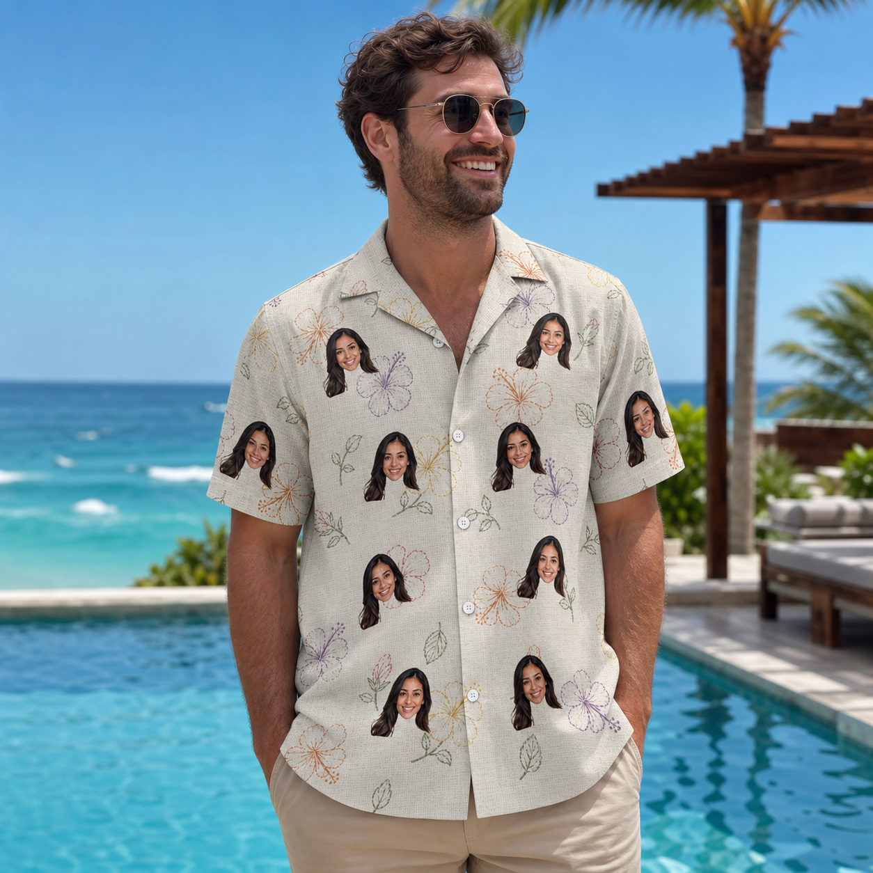 Real-life photo of someone wearing Men's Crimson Calyx Custom Face Hawaiian Shirt — custom faces printed all-over