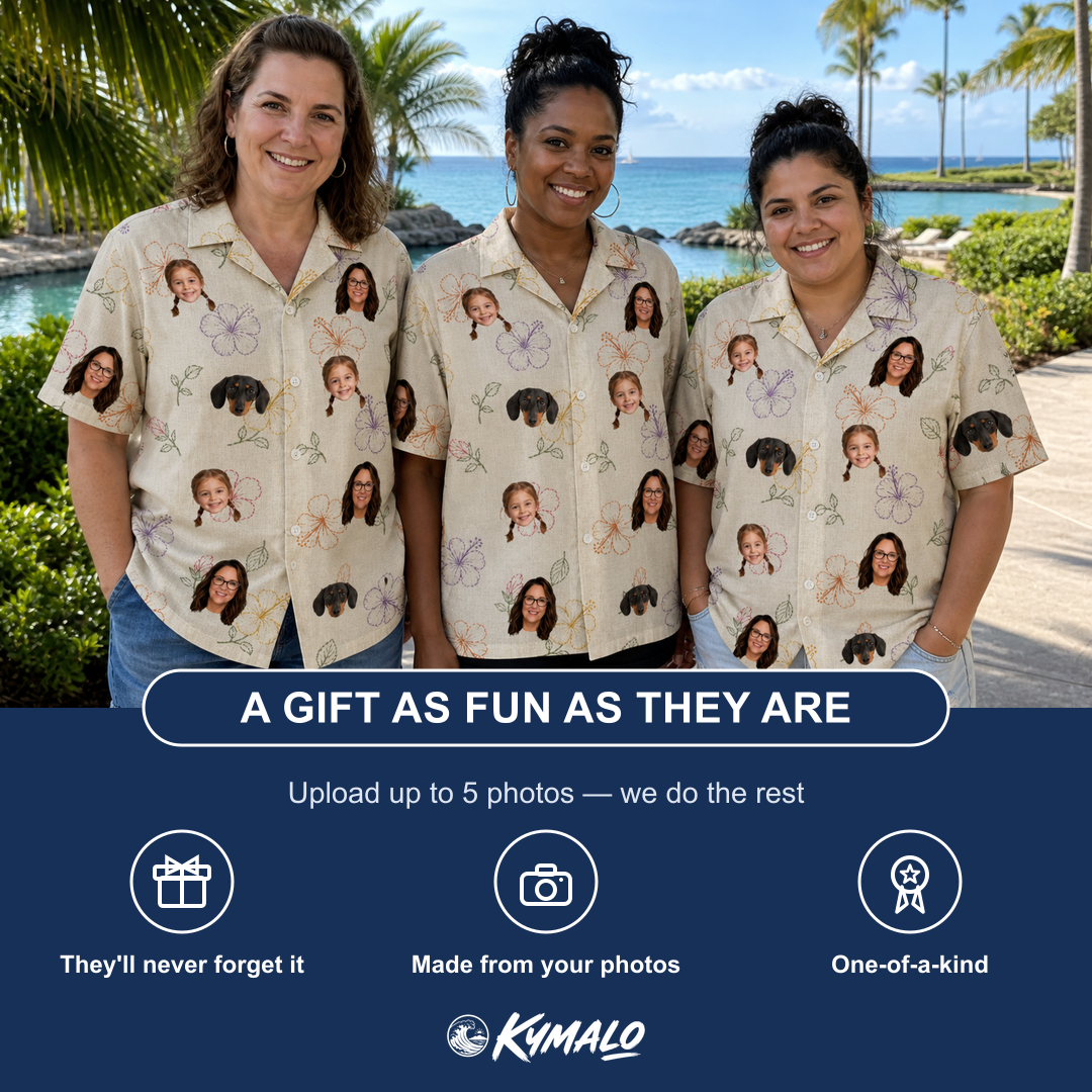 Friends in matching Women's Crimson Calyx Custom Face Hawaiian Shirt — a group gift photo
