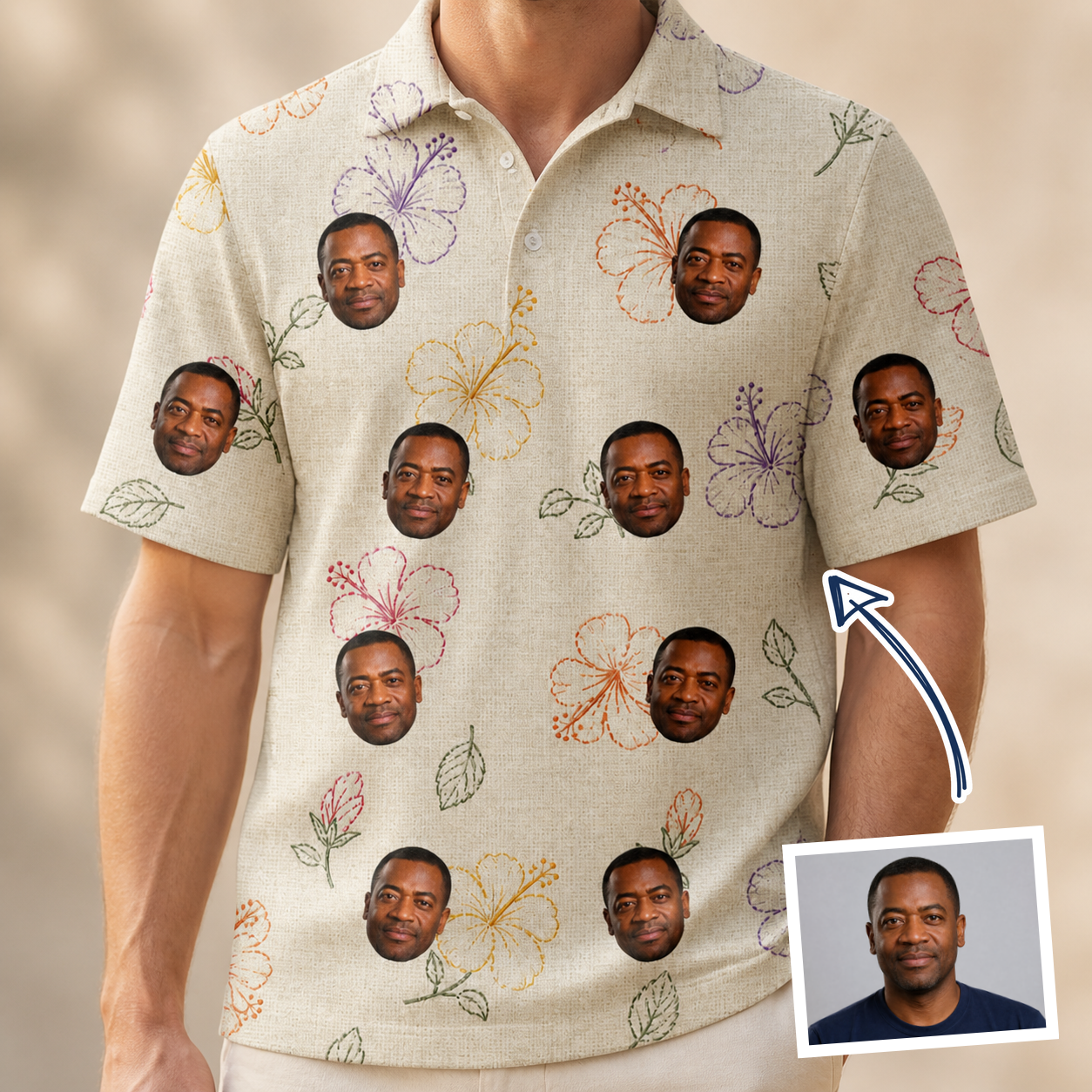 Man wearing Men's Crimson Calyx Custom Face Polo Shirt — custom faces printed all-over