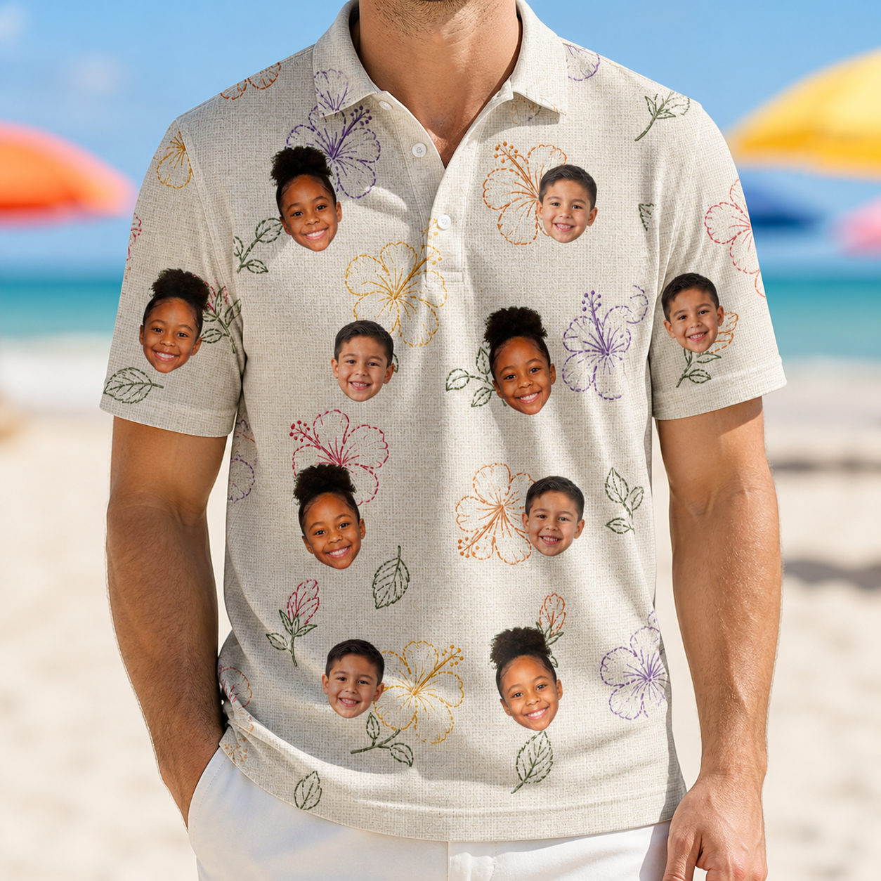 Model wearing Men's Crimson Calyx Custom Face Polo Shirt printed with kids' faces