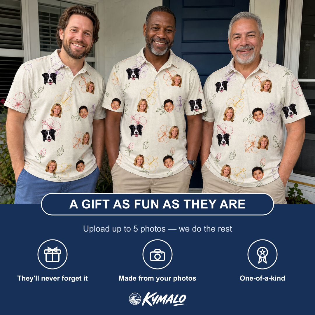 Friends in matching Men's Crimson Calyx Custom Face Polo Shirt — a group gift photo