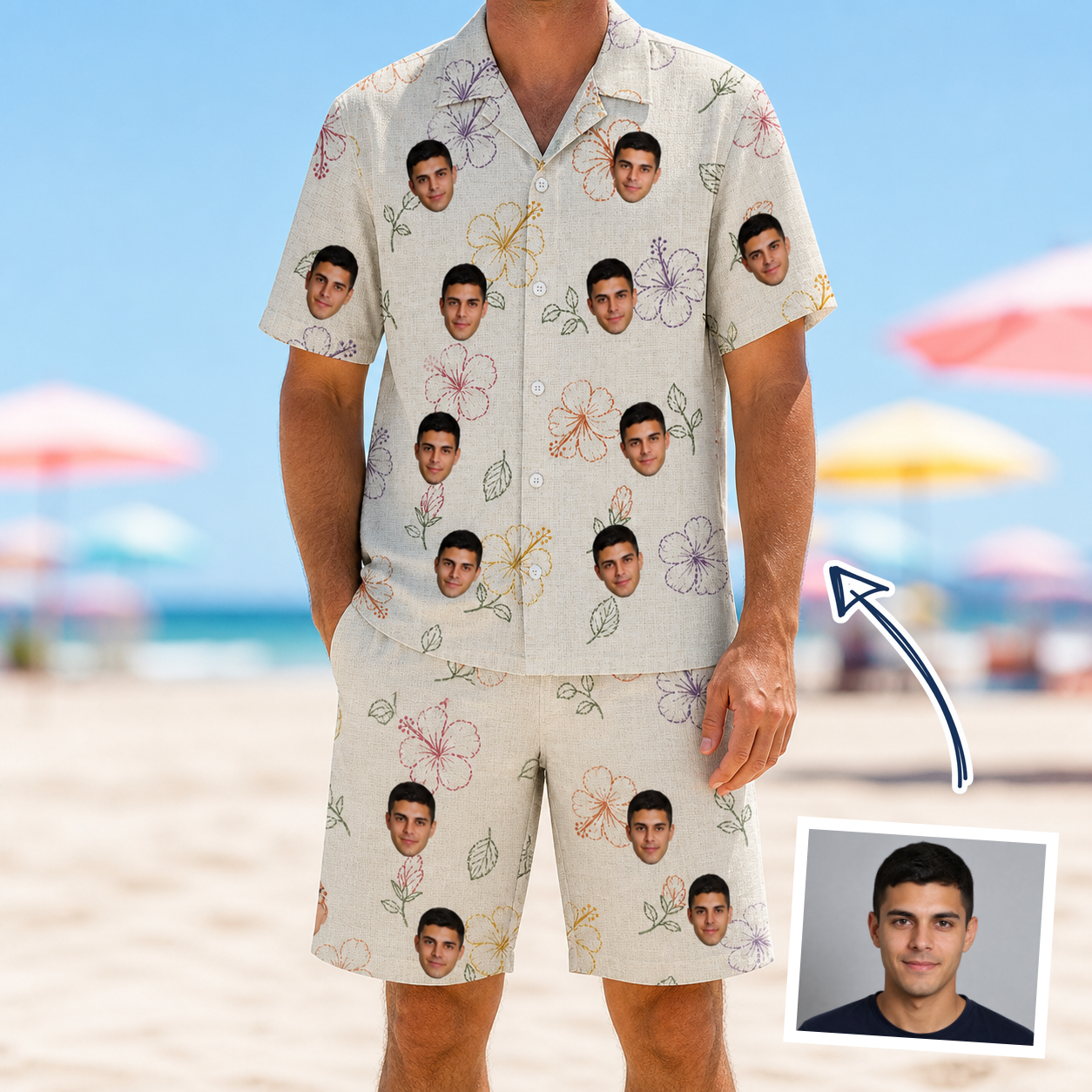 Man wearing Men's Crimson Calyx Custom Face Shirt & Shorts Set — custom faces printed all-over