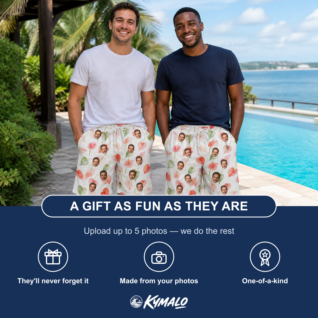 Friends in matching Men's Anthurium Antics Custom Face Beach Shorts — a group gift photo