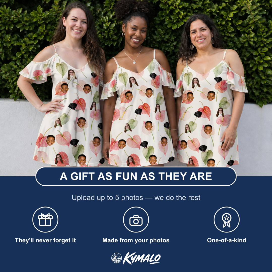 Friends in matching Women's Anthurium Antics Custom Face Off-Shoulder Dress — a group gift photo