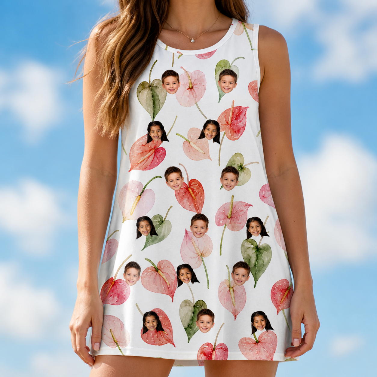 Model wearing Women's Anthurium Antics Custom Face Tank Dress printed with kids' faces
