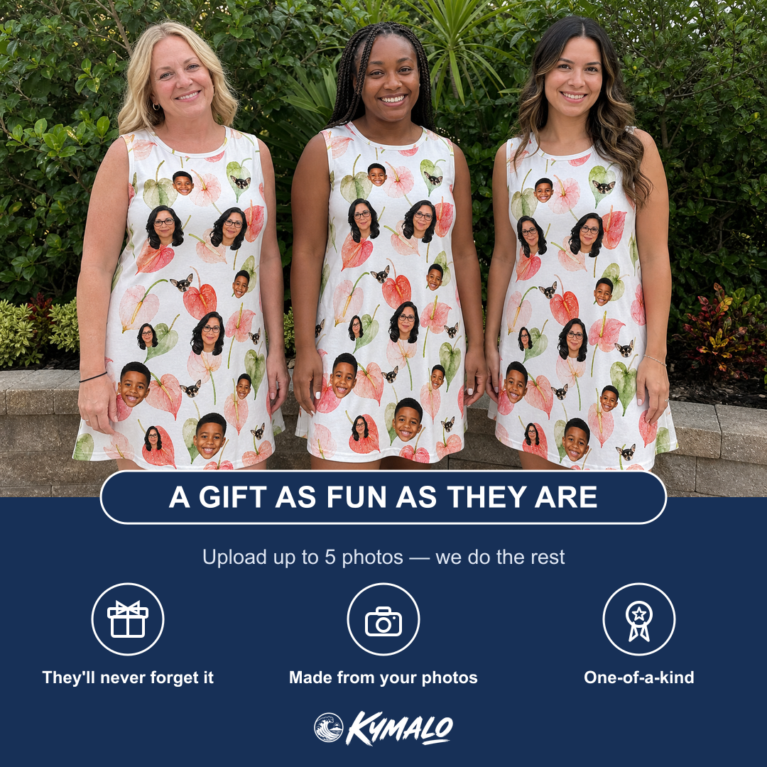 Friends in matching Women's Anthurium Antics Custom Face Tank Dress — a group gift photo