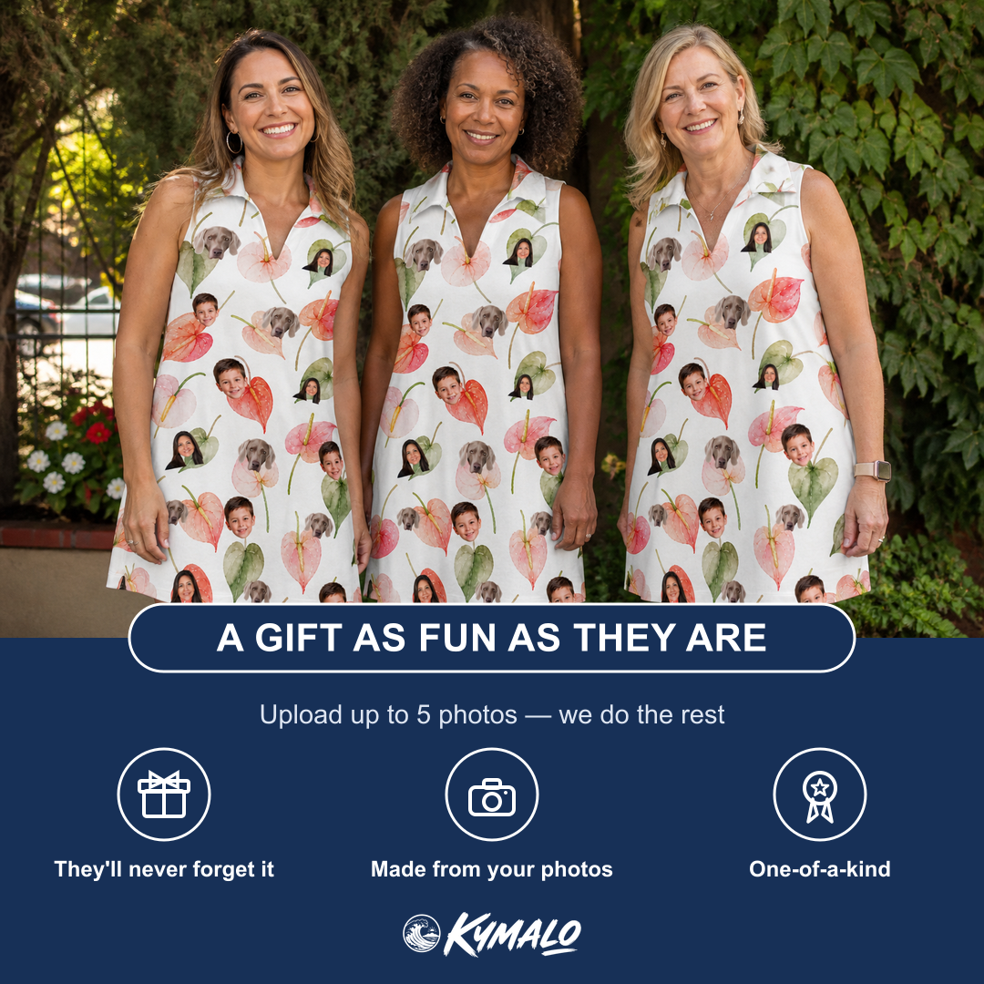 Friends in matching Women's Anthurium Antics Custom Face V-Neck Dress — a group gift photo