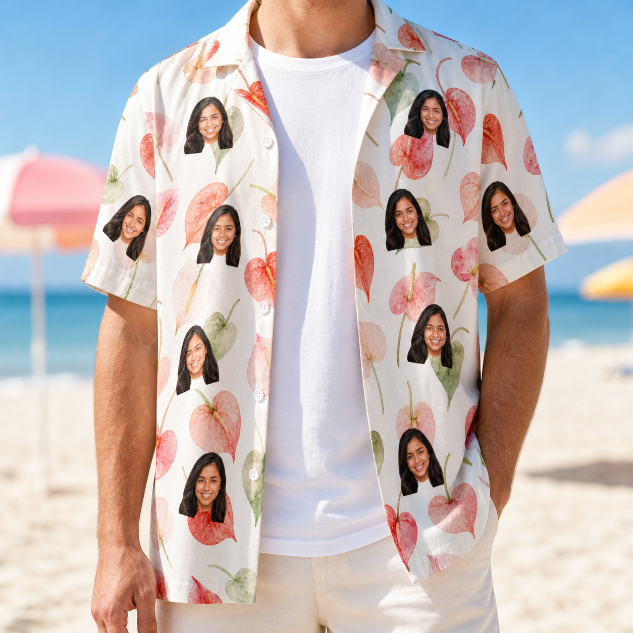 Man wearing Men's Anthurium Antics Custom Face Hawaiian Shirt open over a white tee