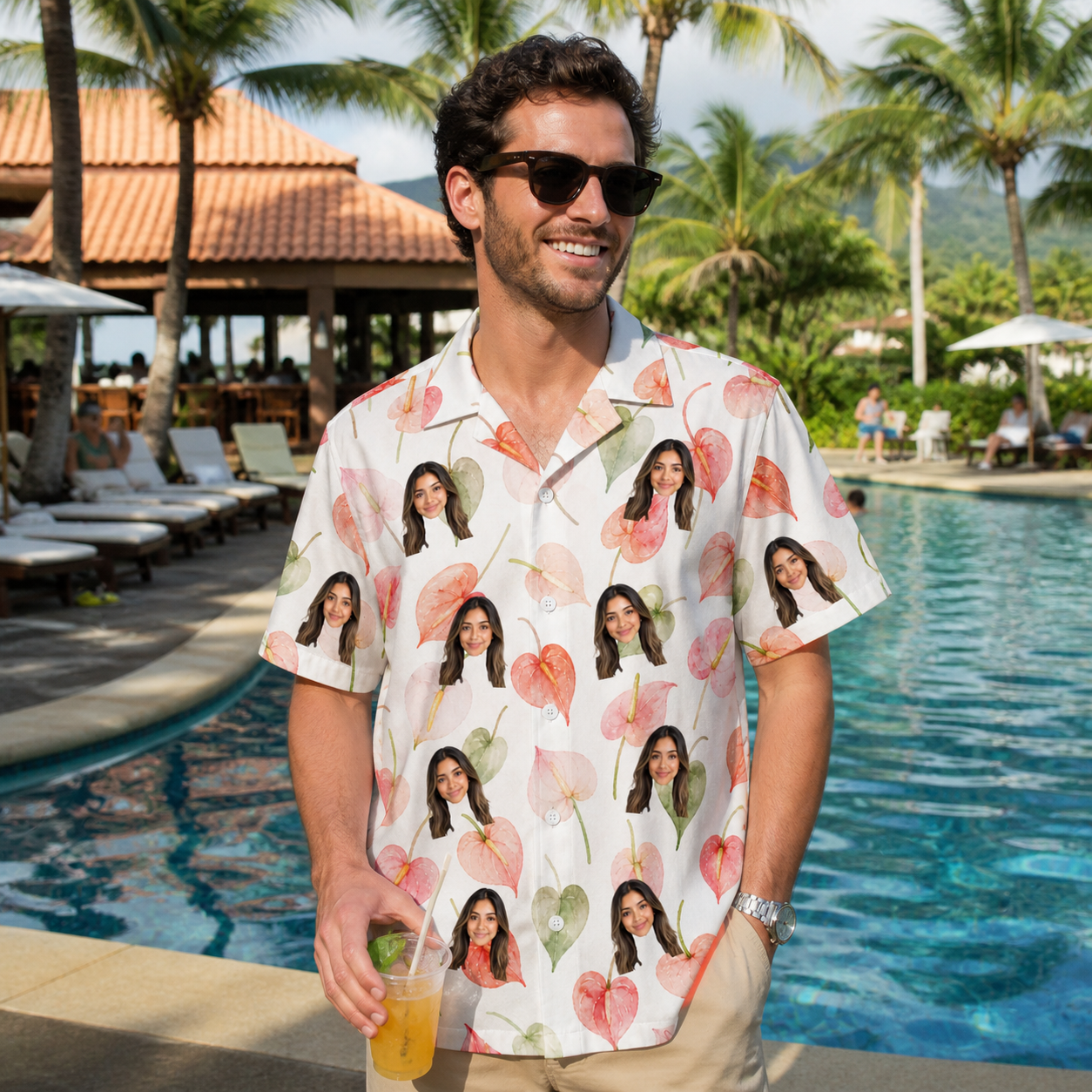 Real-life photo of someone wearing Men's Anthurium Antics Custom Face Hawaiian Shirt — custom faces printed all-over