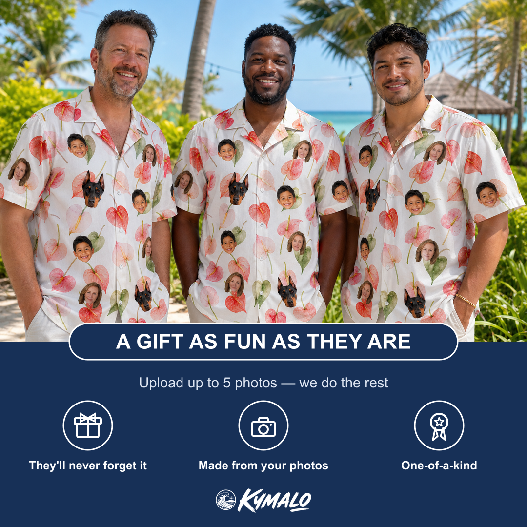 Friends in matching Men's Anthurium Antics Custom Face Hawaiian Shirt — a group gift photo