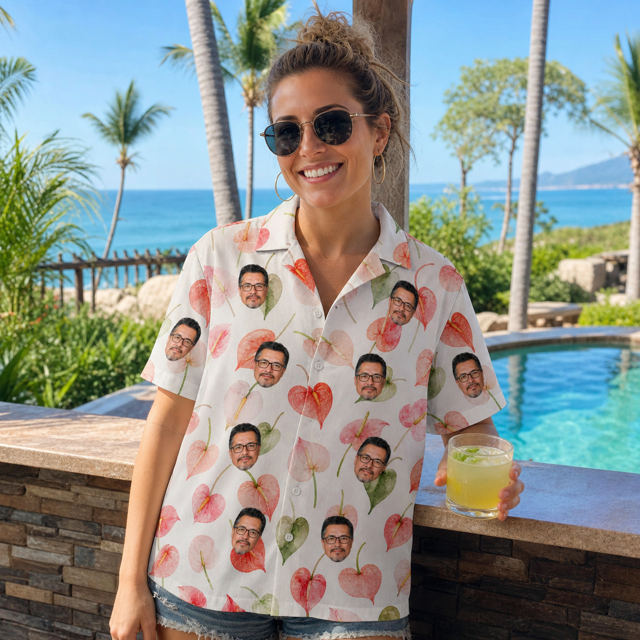 Real-life photo of someone wearing Women's Anthurium Antics Custom Face Hawaiian Shirt — custom faces printed all-over