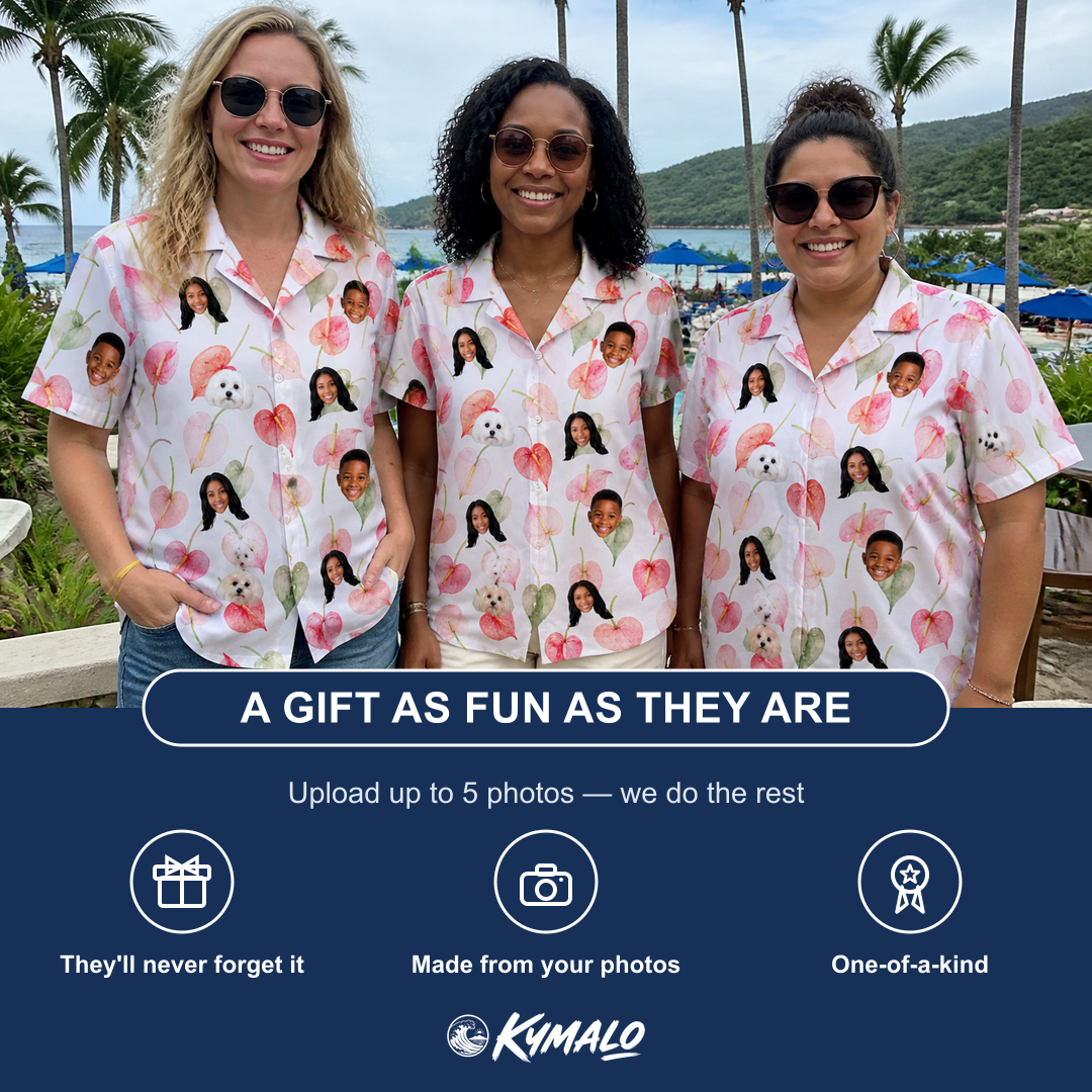 Friends in matching Women's Anthurium Antics Custom Face Hawaiian Shirt — a group gift photo