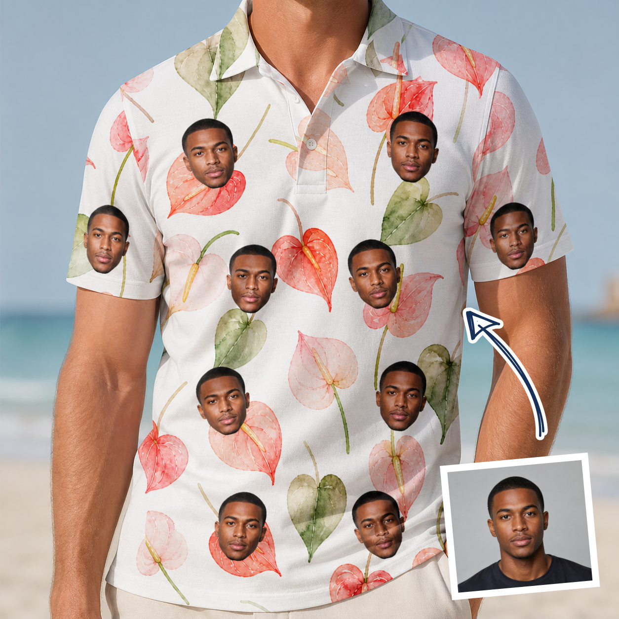 Man wearing Men's Anthurium Antics Custom Face Polo Shirt — custom faces printed all-over
