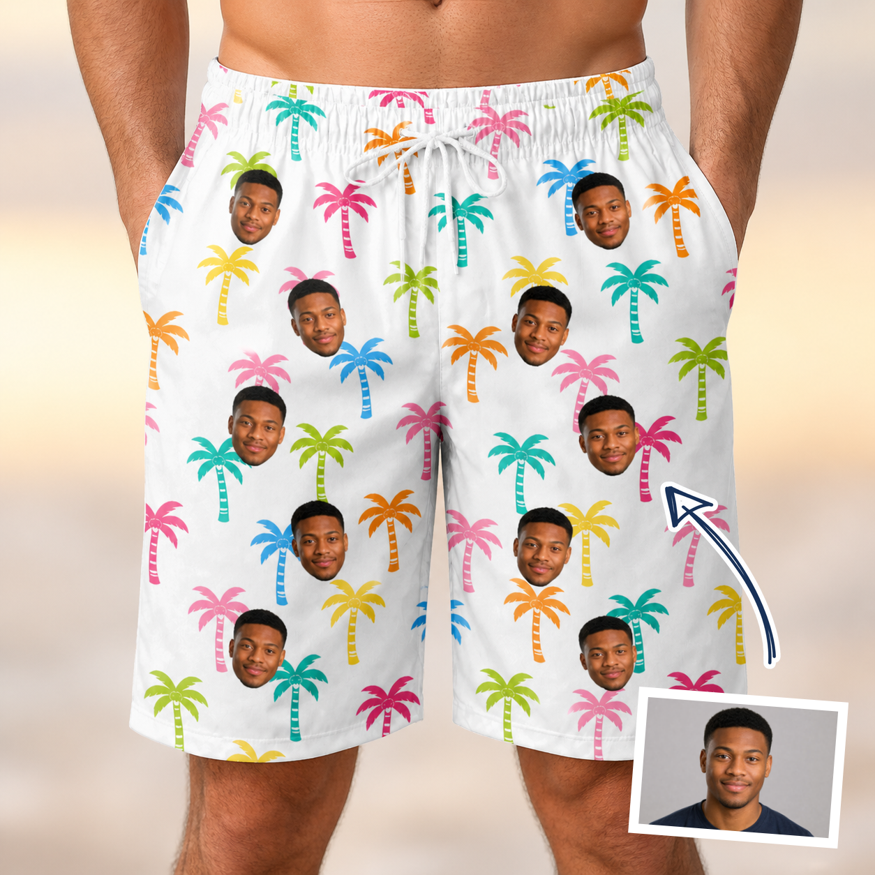 Man wearing Men's Jungle Jive Custom Face Beach Shorts — custom faces printed all-over