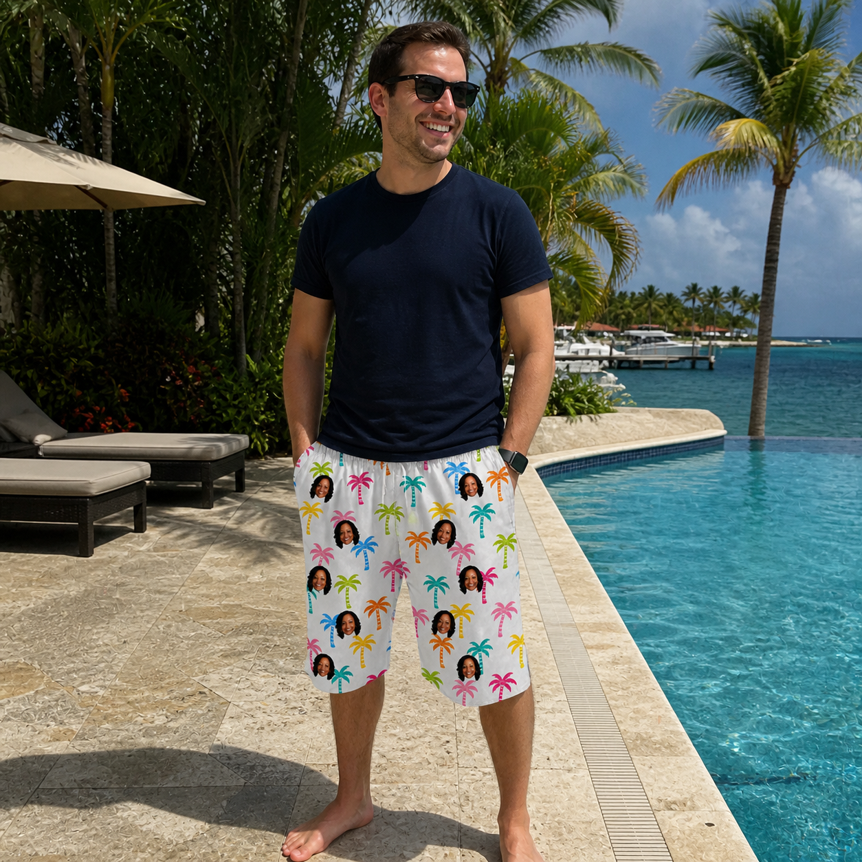 Real-life photo of someone wearing Men's Jungle Jive Custom Face Beach Shorts — custom faces printed all-over
