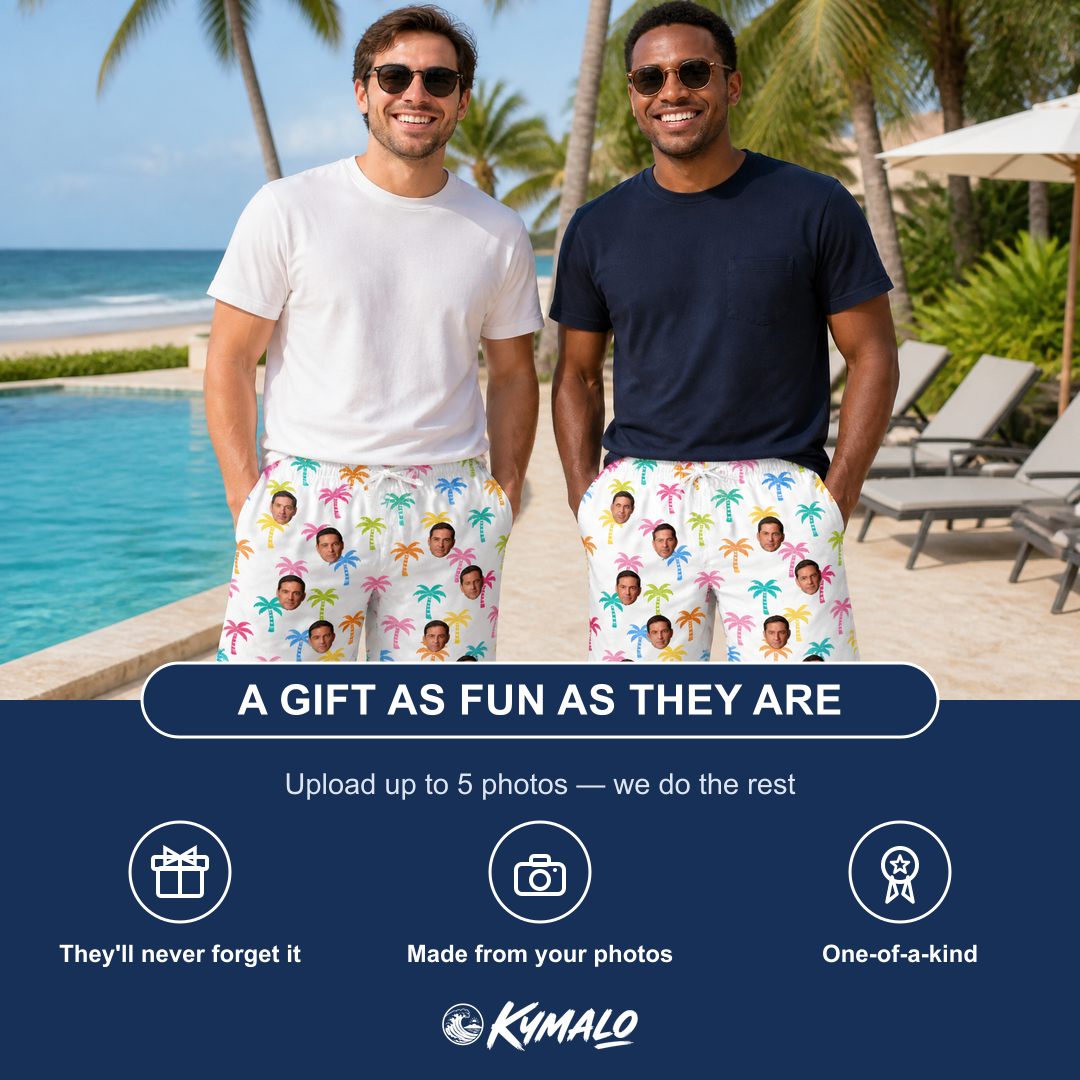 Friends in matching Men's Jungle Jive Custom Face Beach Shorts — a group gift photo