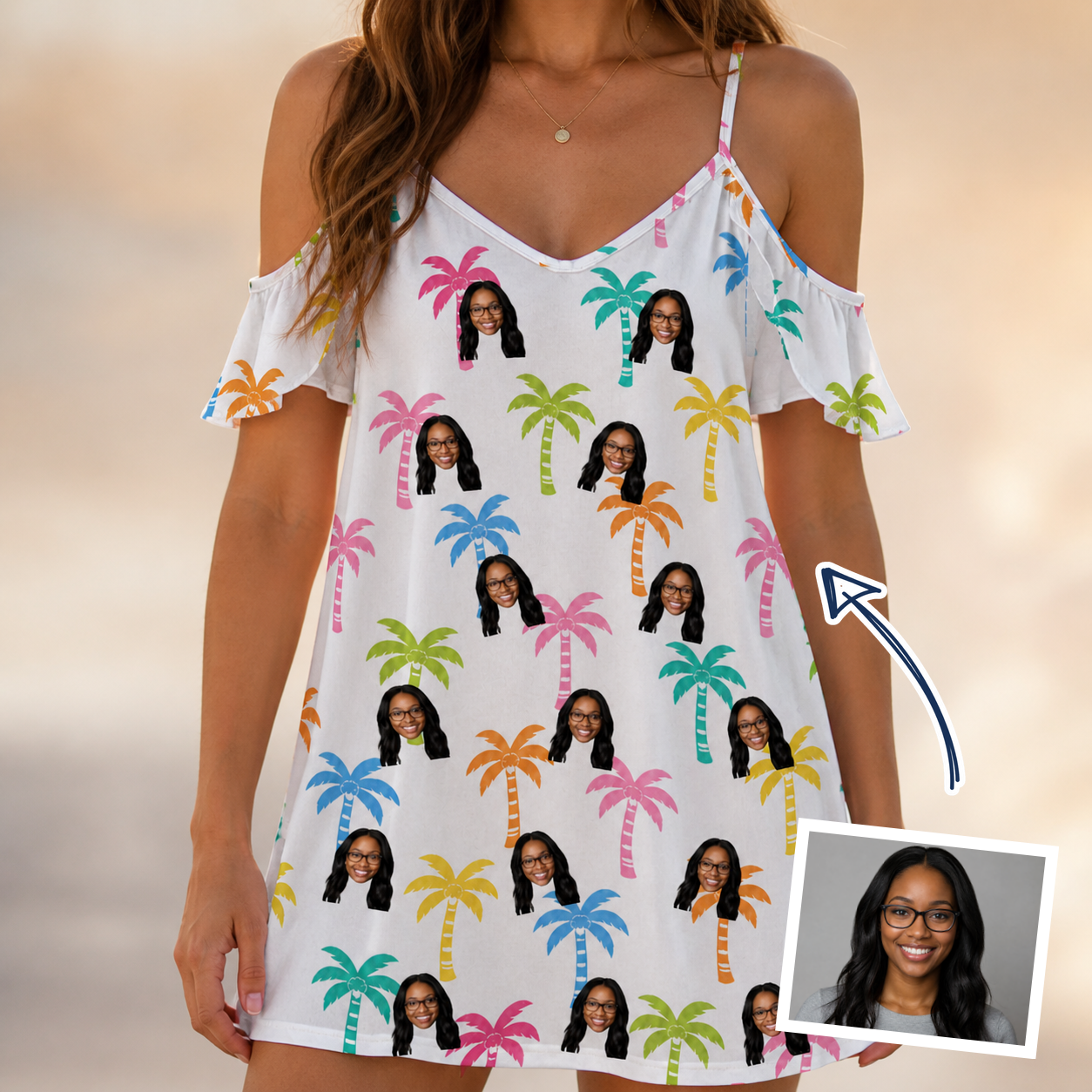 Woman wearing Women's Jungle Jive Custom Face Off-Shoulder Dress — custom faces printed all-over