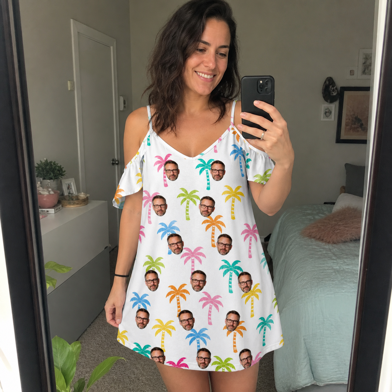Real-life photo of someone wearing Women's Jungle Jive Custom Face Off-Shoulder Dress — custom faces printed all-over