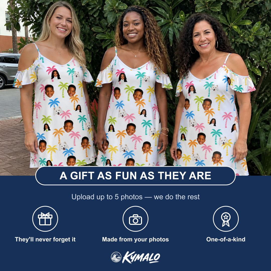 Friends in matching Women's Jungle Jive Custom Face Off-Shoulder Dress — a group gift photo