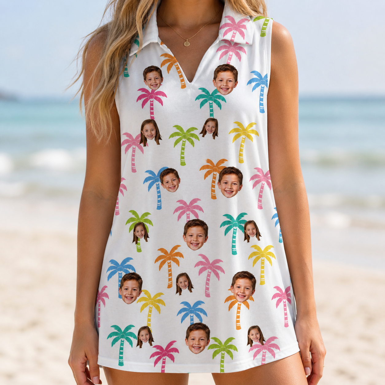 Model wearing Women's Jungle Jive Custom Face V-Neck Dress printed with kids' faces