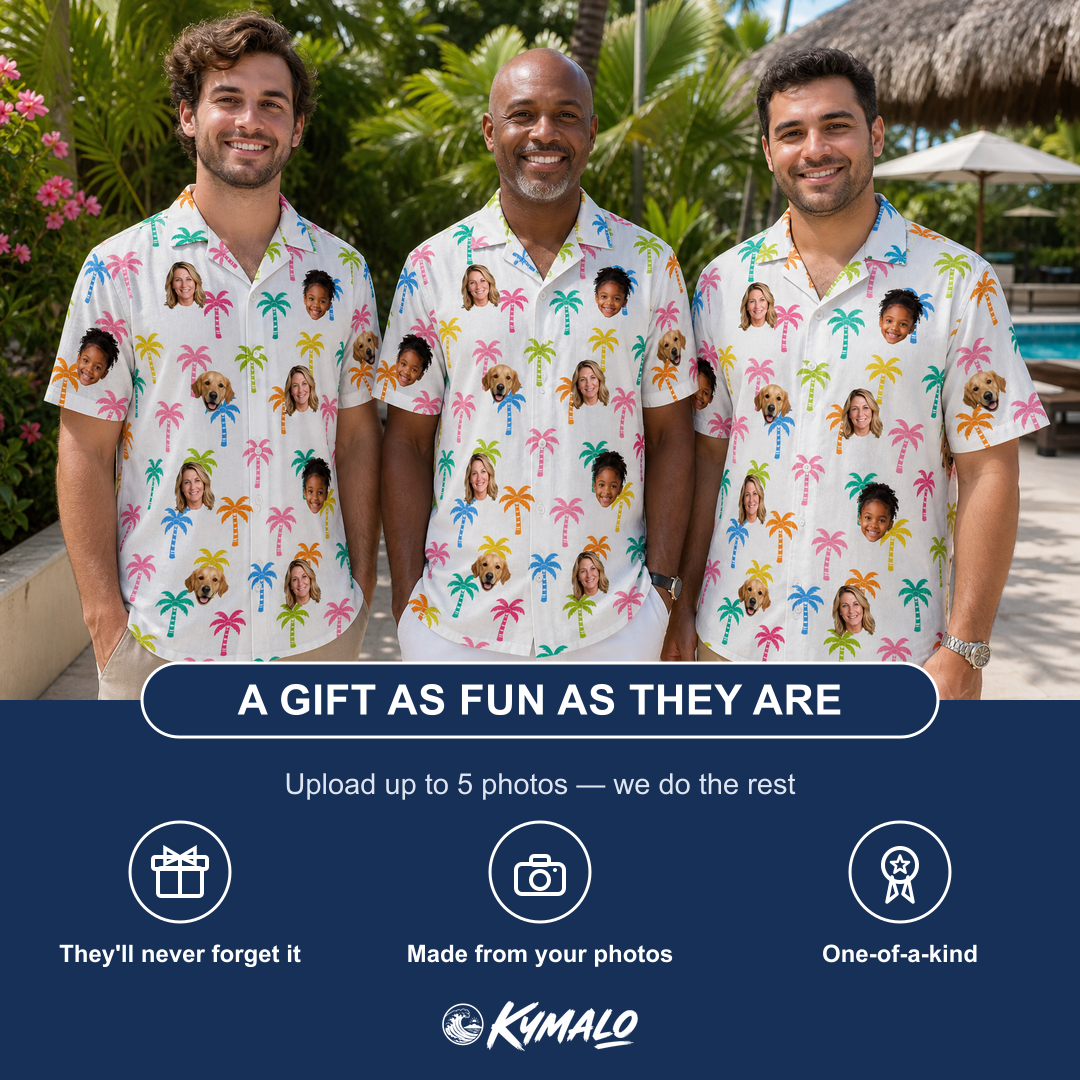 Friends in matching Men's Jungle Jive Custom Face Hawaiian Shirt — a group gift photo