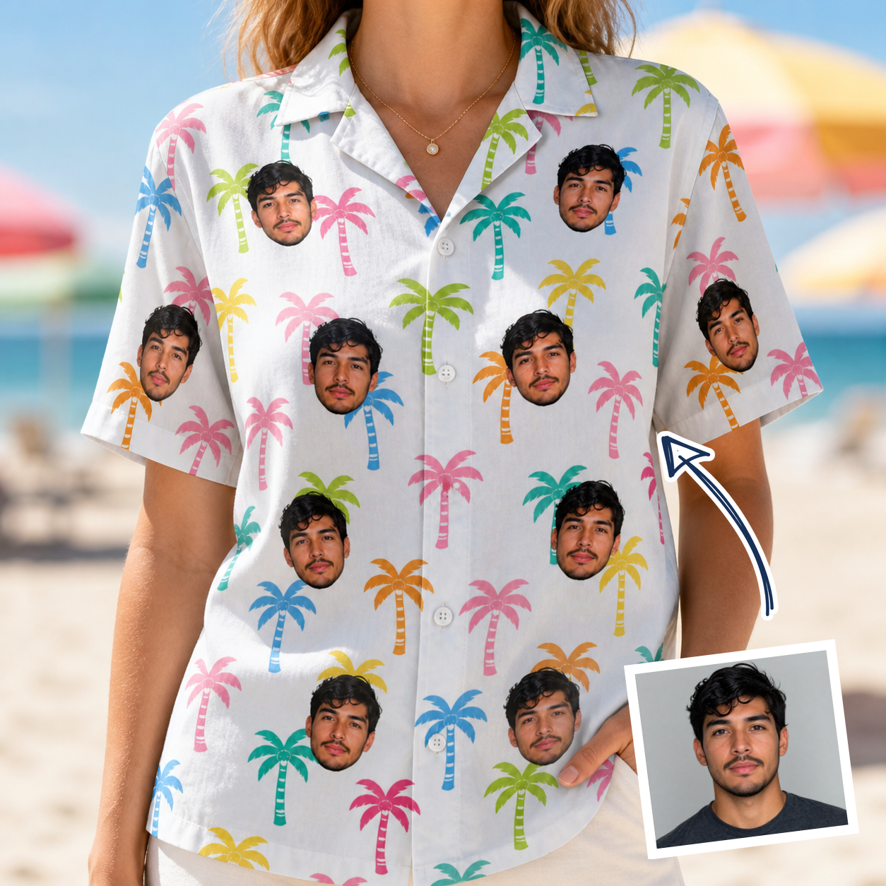 Woman wearing Women's Jungle Jive Custom Face Hawaiian Shirt — custom faces printed all-over