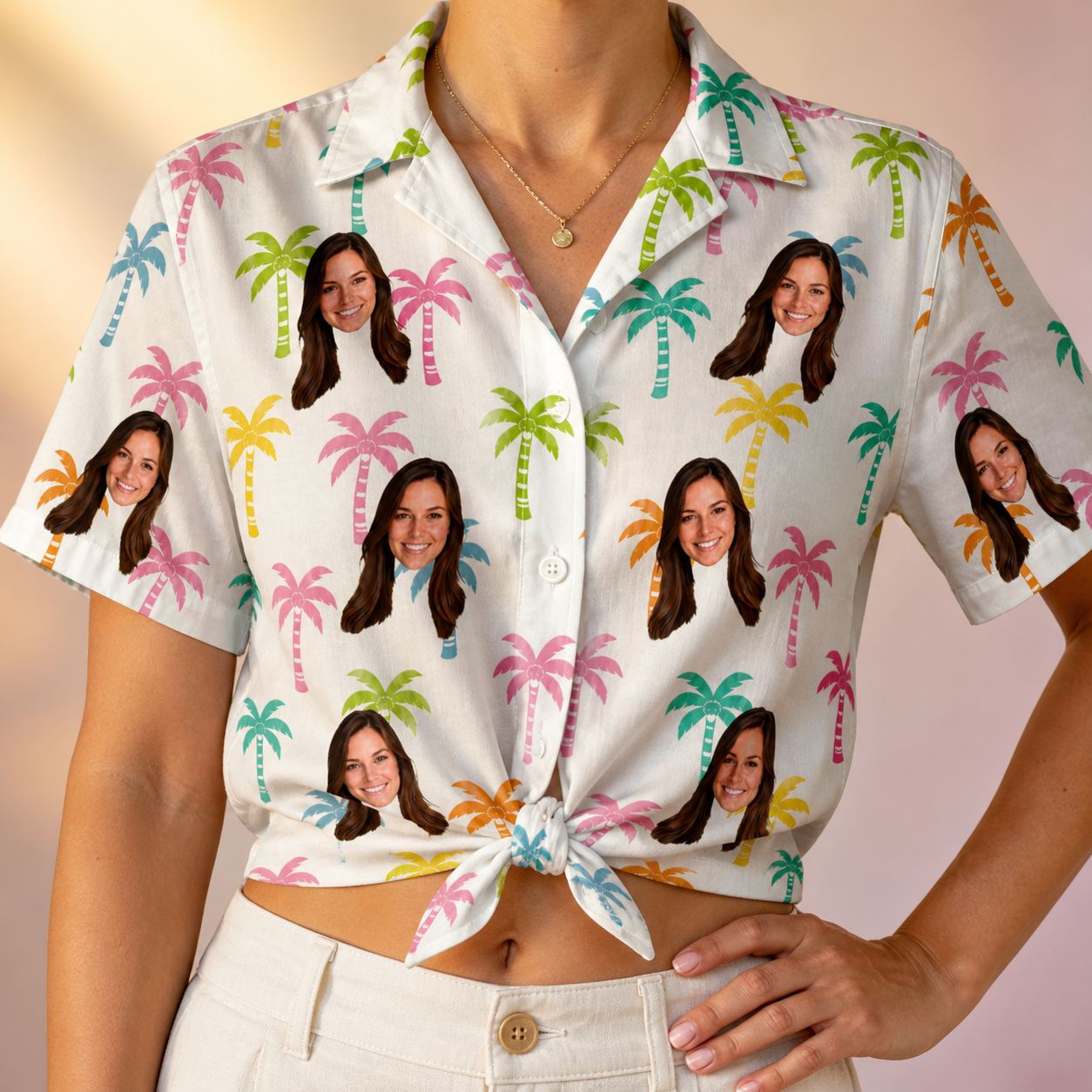 Woman wearing Women's Jungle Jive Custom Face Hawaiian Shirt tied at the waist