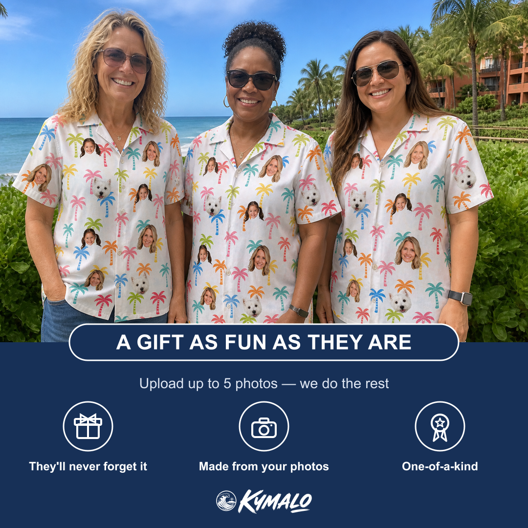 Friends in matching Women's Jungle Jive Custom Face Hawaiian Shirt — a group gift photo
