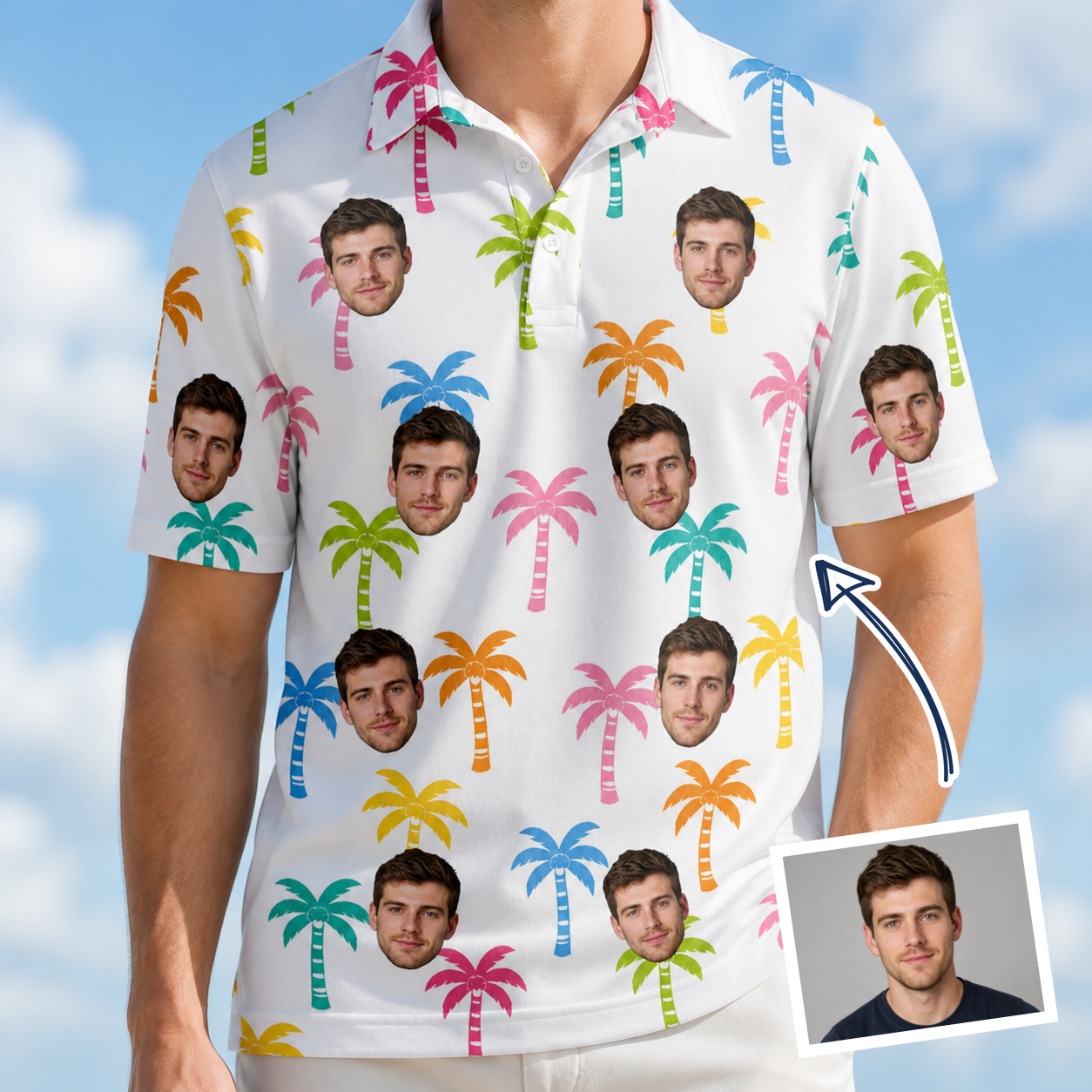 Man wearing Men's Jungle Jive Custom Face Polo Shirt — custom faces printed all-over