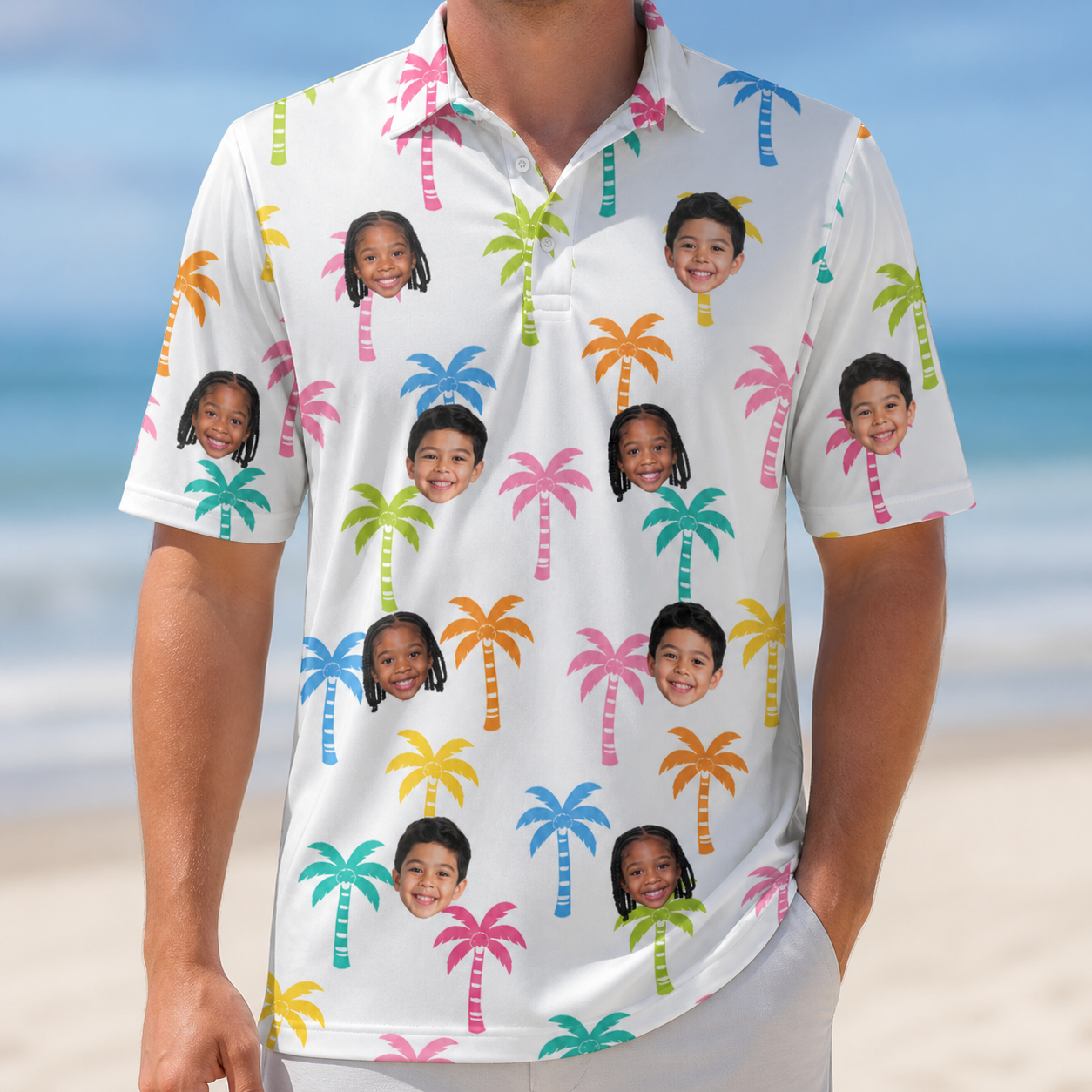 Model wearing Men's Jungle Jive Custom Face Polo Shirt printed with kids' faces