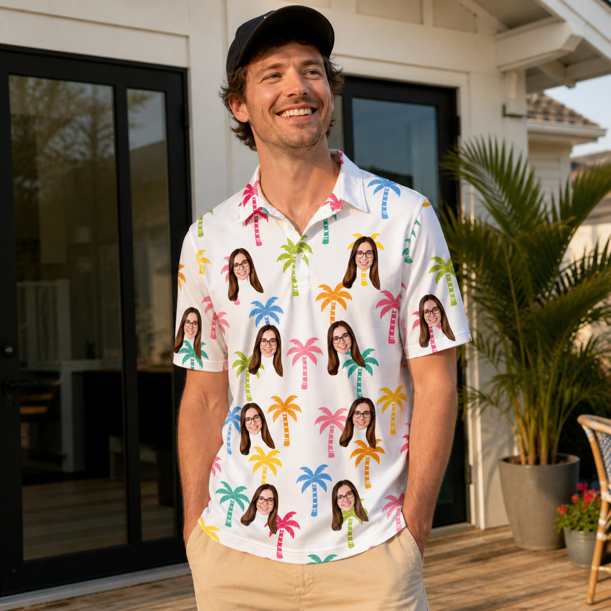 Real-life photo of someone wearing Men's Jungle Jive Custom Face Polo Shirt — custom faces printed all-over