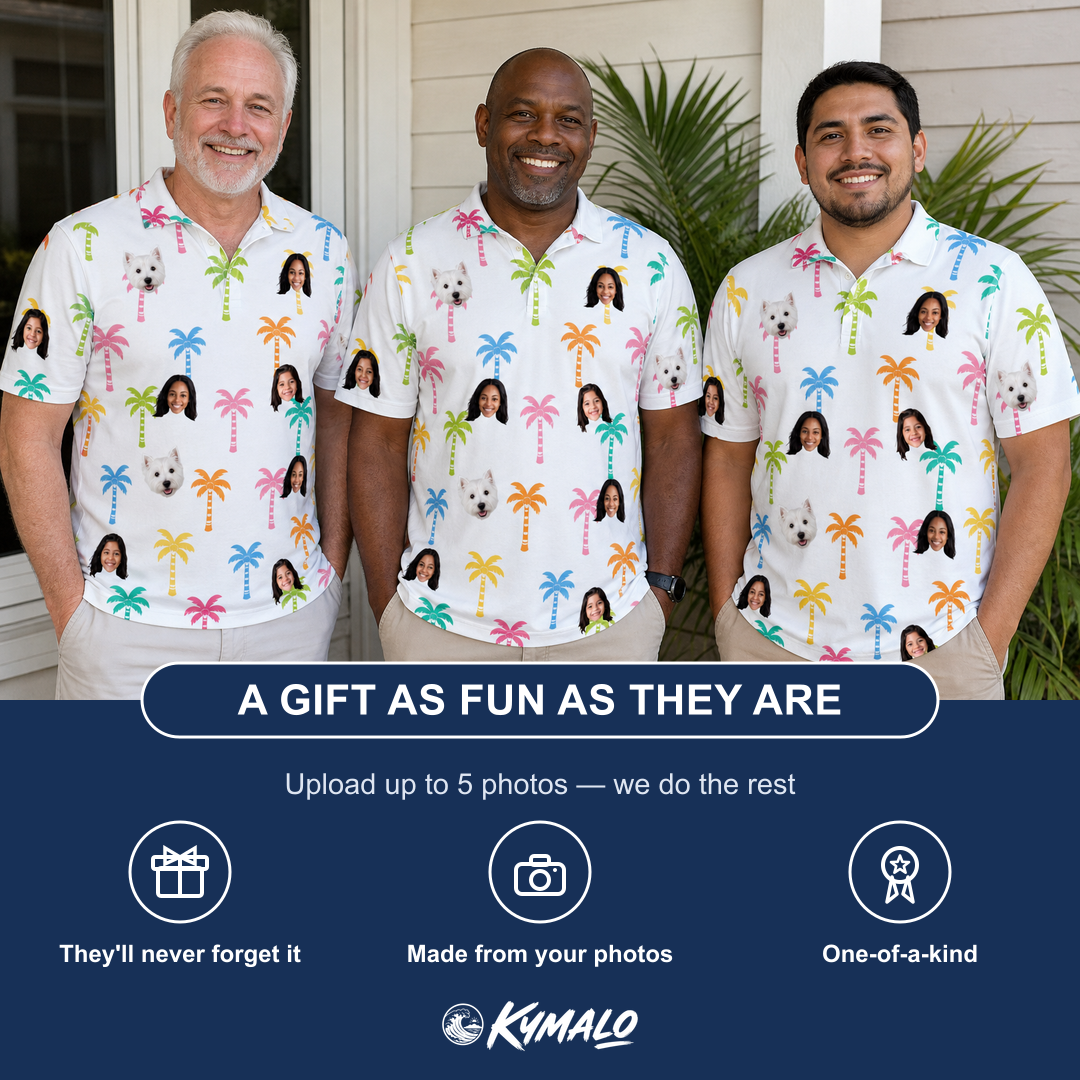 Friends in matching Men's Jungle Jive Custom Face Polo Shirt — a group gift photo