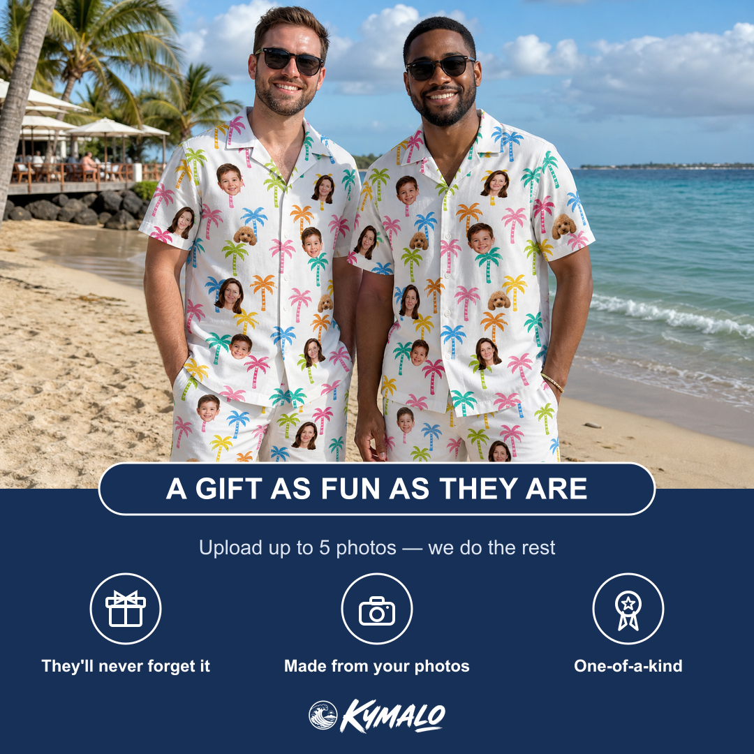 Friends in matching Men's Jungle Jive Custom Face Shirt & Shorts Set — a group gift photo