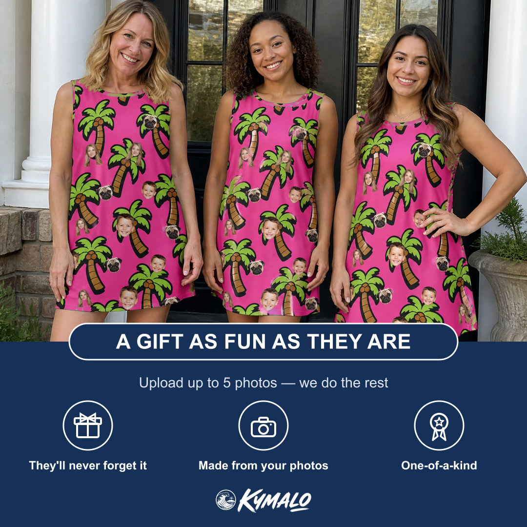 Friends in matching Women's Sunset Plumeria Custom Face Tank Dress — a group gift photo