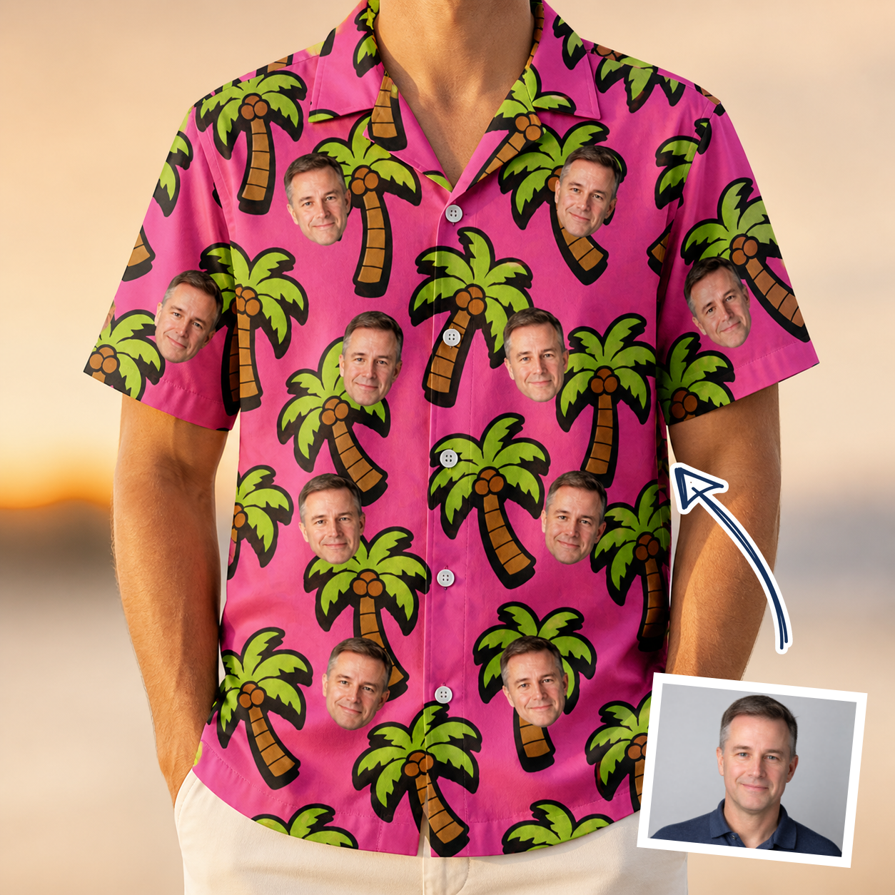 Man wearing Men's Sunset Plumeria Custom Face Hawaiian Shirt — custom faces printed all-over
