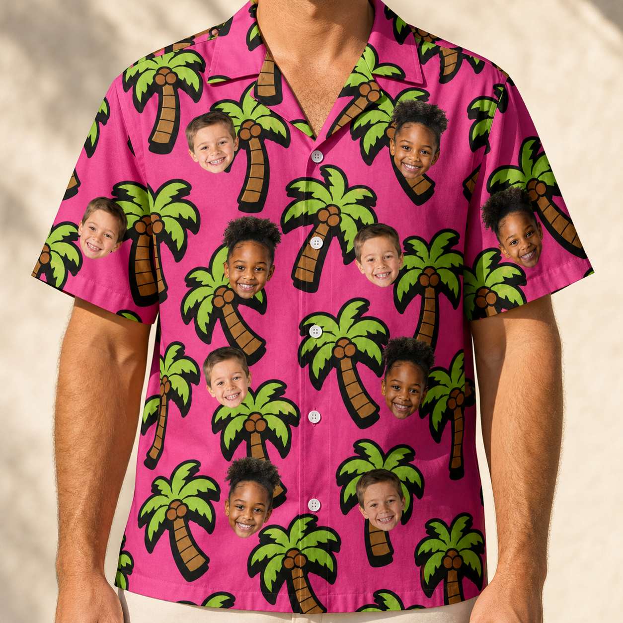 Model wearing Men's Sunset Plumeria Custom Face Hawaiian Shirt printed with kids' faces
