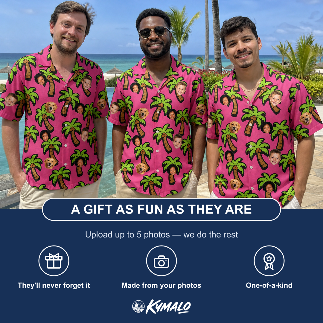 Friends in matching Men's Sunset Plumeria Custom Face Hawaiian Shirt — a group gift photo