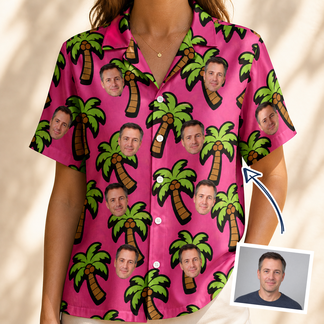 Woman wearing Women's Sunset Plumeria Custom Face Hawaiian Shirt — custom faces printed all-over