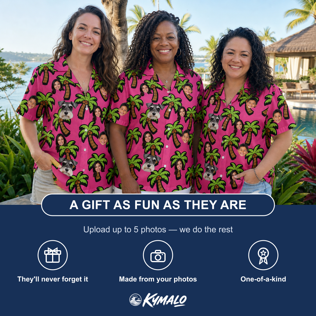 Friends in matching Women's Sunset Plumeria Custom Face Hawaiian Shirt — a group gift photo