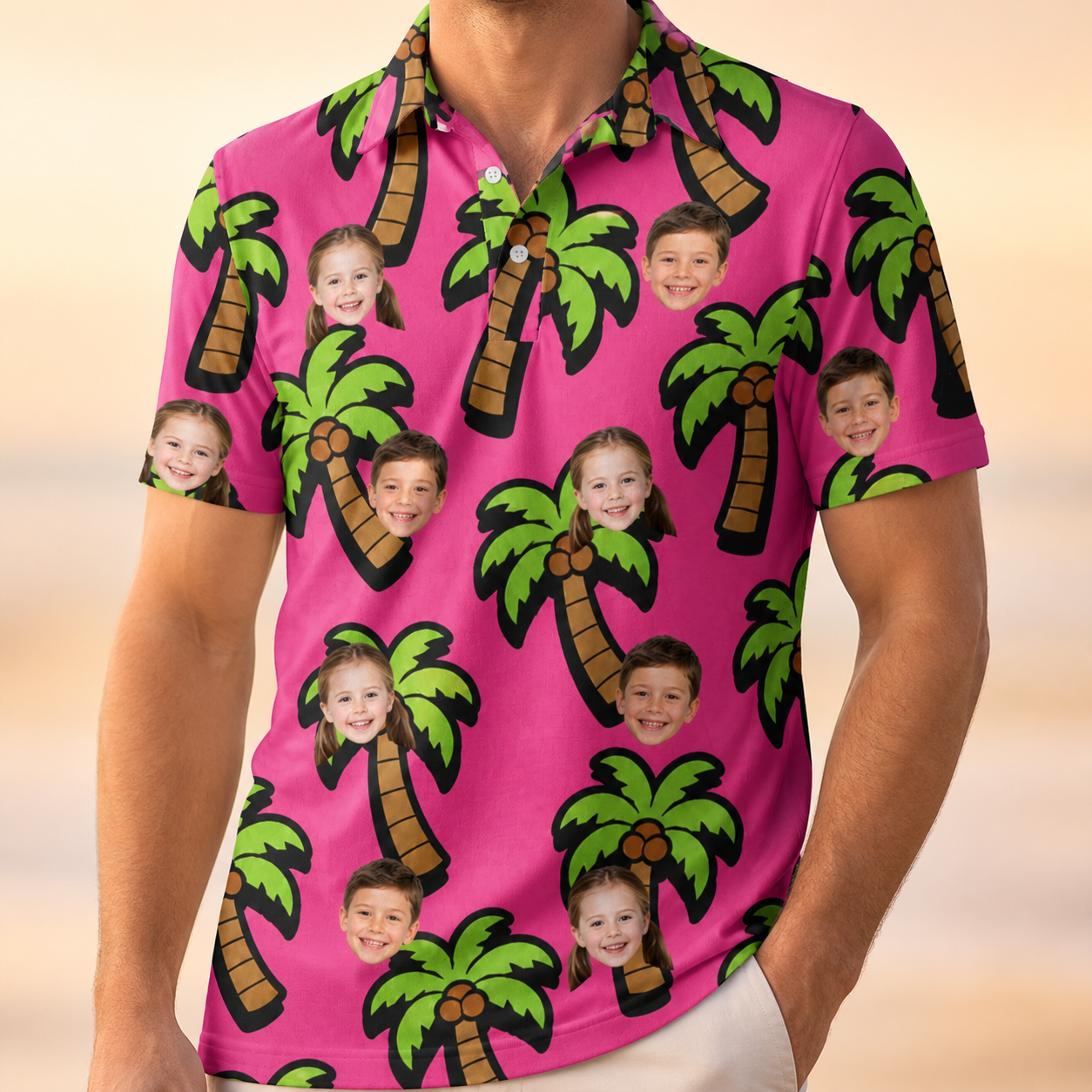 Model wearing Men's Sunset Plumeria Custom Face Polo Shirt printed with kids' faces