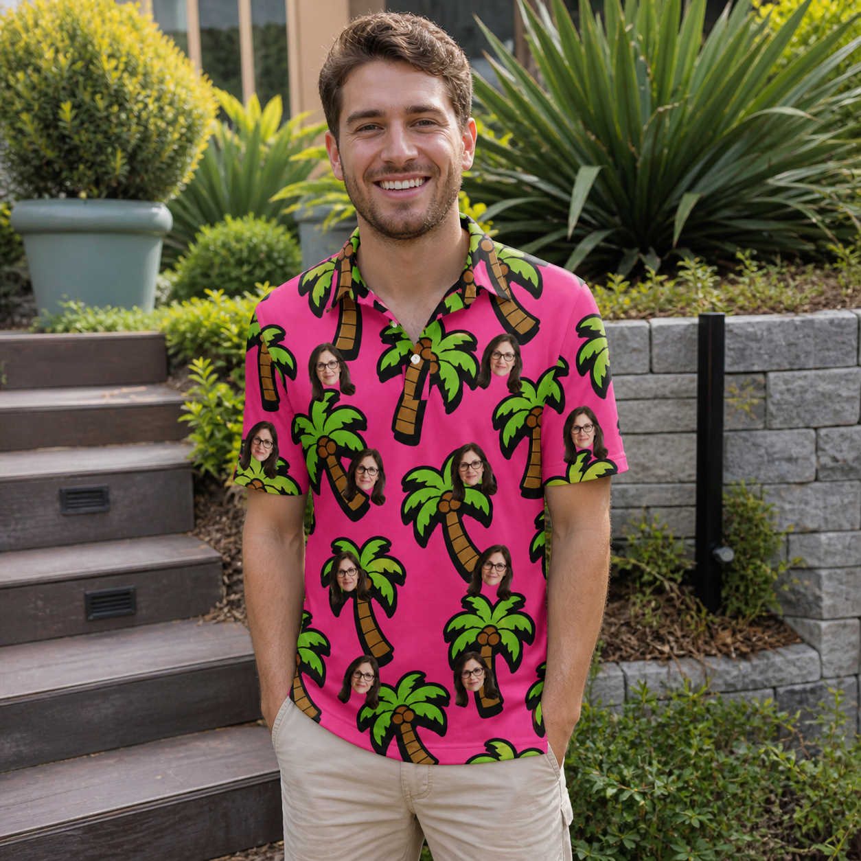 Real-life photo of someone wearing Men's Sunset Plumeria Custom Face Polo Shirt — custom faces printed all-over