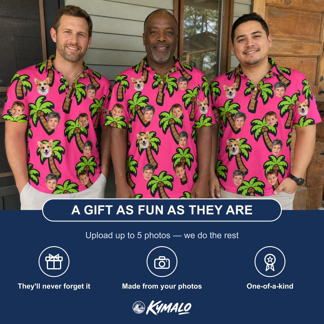 Friends in matching Men's Sunset Plumeria Custom Face Polo Shirt — a group gift photo