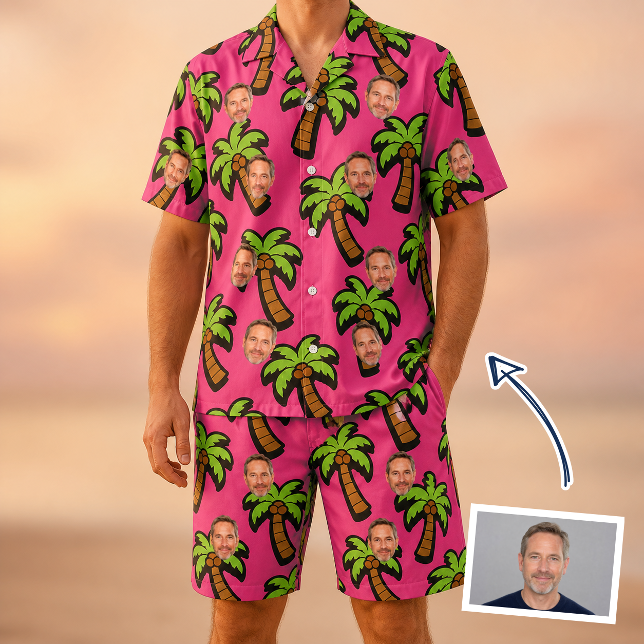 Man wearing Men's Sunset Plumeria Custom Face Shirt & Shorts Set — custom faces printed all-over