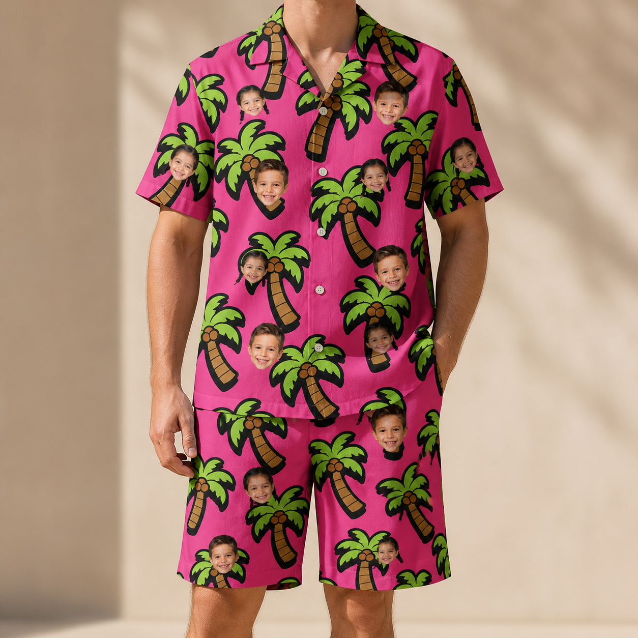 Model wearing Men's Sunset Plumeria Custom Face Shirt & Shorts Set printed with kids' faces